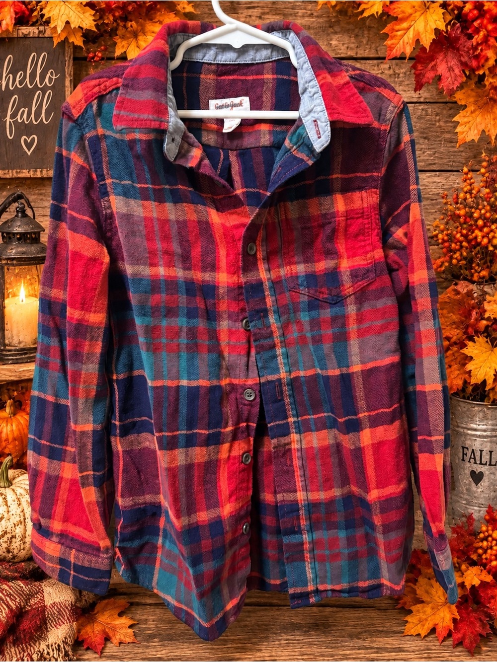 Cat & Jack Red Navy Teal Plaid Button-Down Shirt 8/10